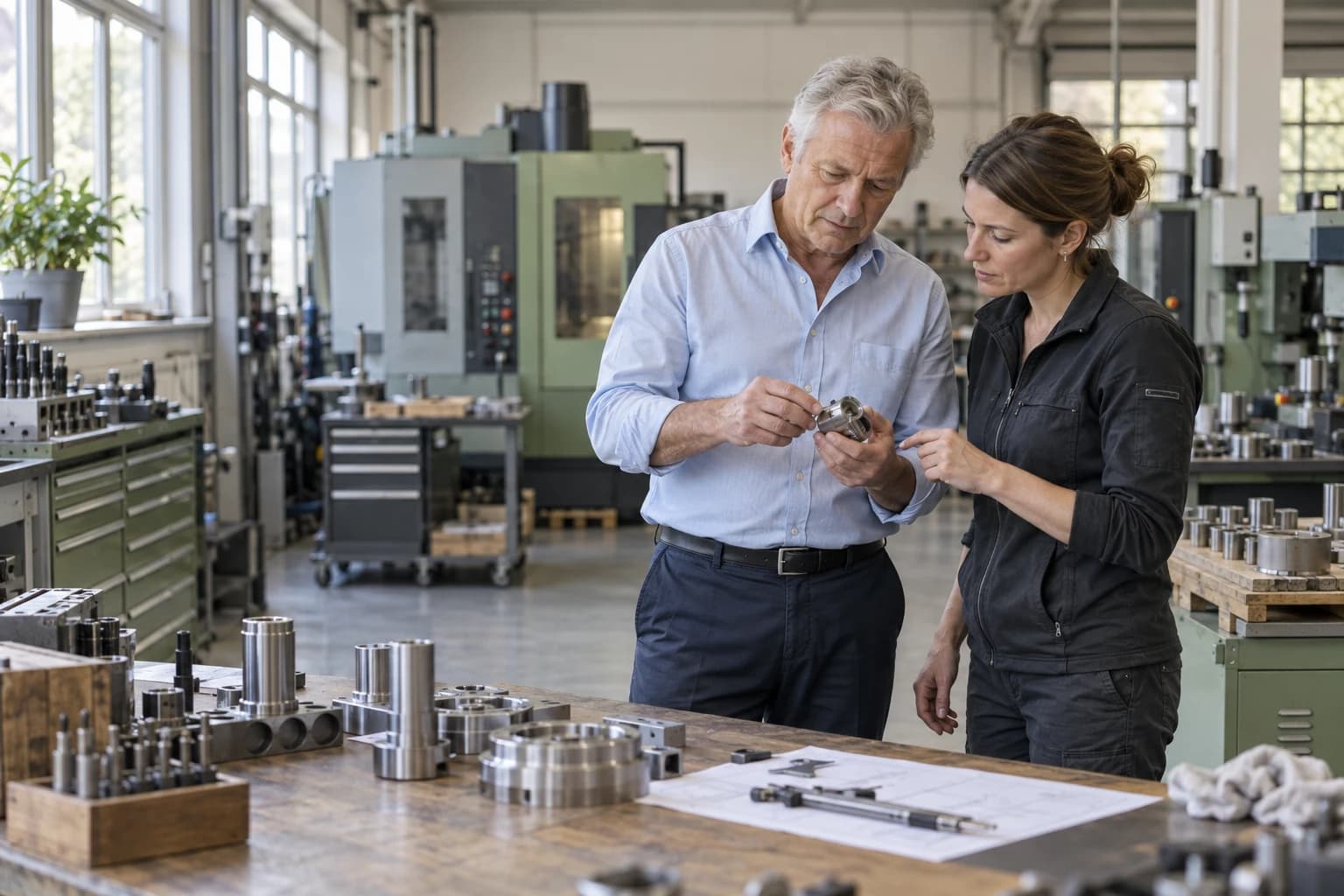 A man and a woman examining a metal component in a manufacturing workshop.